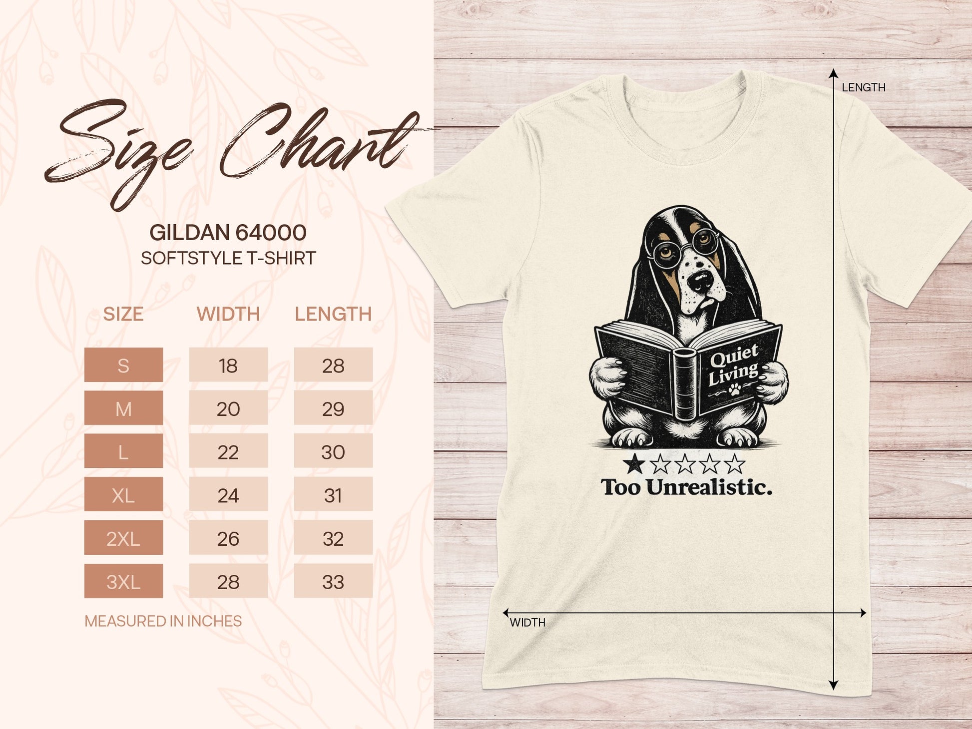 Gildan 64000 size chart with t-shirt graphic and "Quiet Living Too Unrealistic" text.