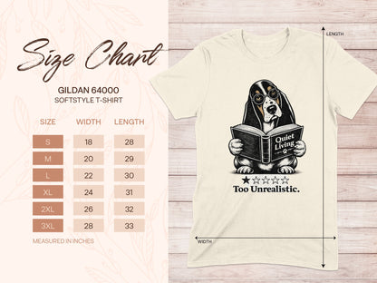 Gildan 64000 size chart with t-shirt graphic and "Quiet Living Too Unrealistic" text.