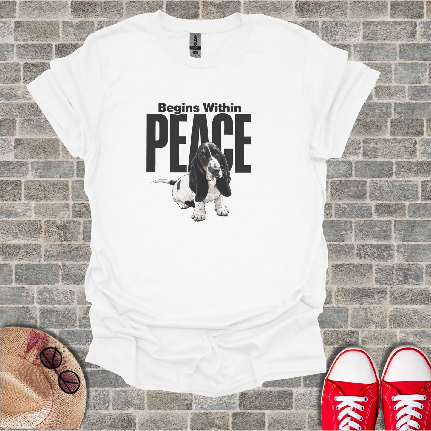 White t-shirt with "Begins Within PEACE" text and a Basset Hound graphic.