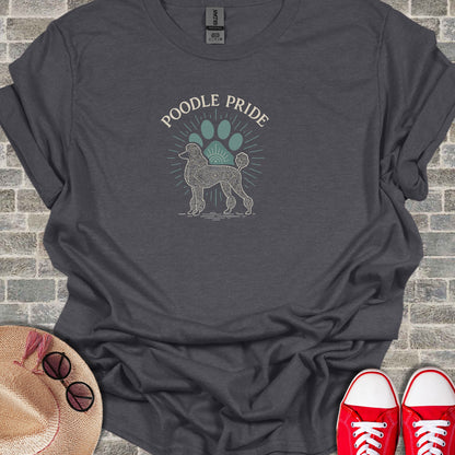 Dark gray t-shirt with "POODLE PRIDE" and a stylized poodle design.