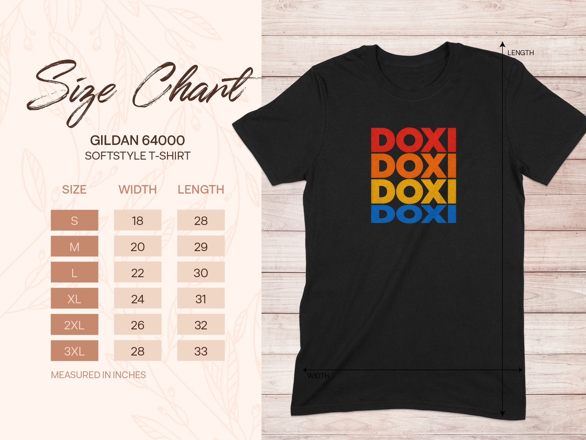 Gildan 64000 size chart with "DOXI" repeated on a t-shirt.