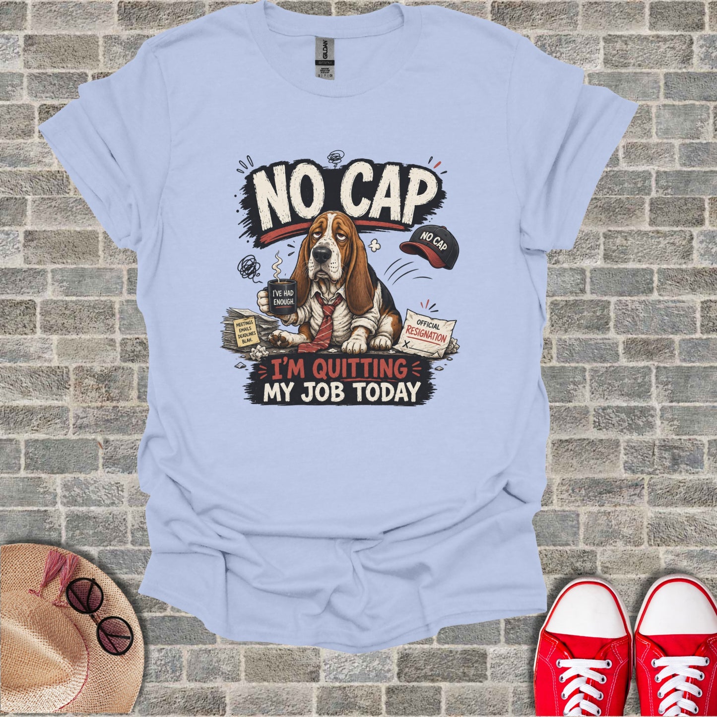 Light blue t-shirt with cartoon dog holding resignation letter, "NO CAP", and "I'M QUITTING MY JOB TODAY".