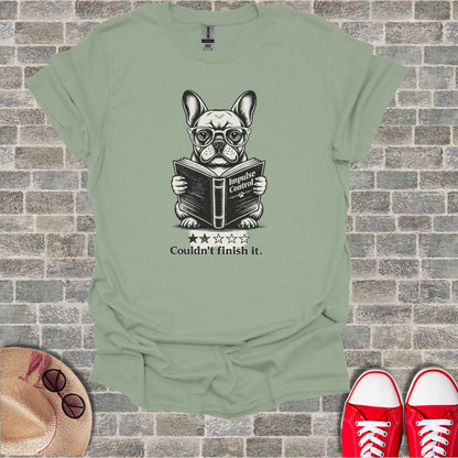 French bulldog wearing glasses reads a book titled "Impulse Control".