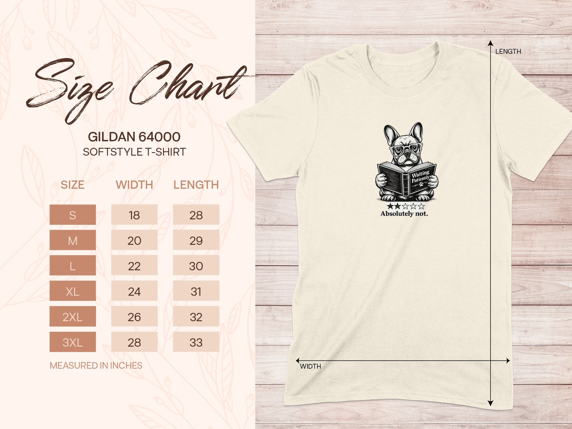 Gildan 64000 Softstyle t-shirt size chart with dog graphic reading "Waiting Patiently".