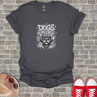 Charcoal t-shirt with "Dogs > People" graffiti-style graphic and bandana dog.