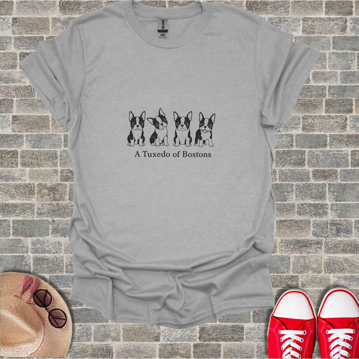 Gray t-shirt with four Boston Terriers and text "A Tuxedo of Bostons".