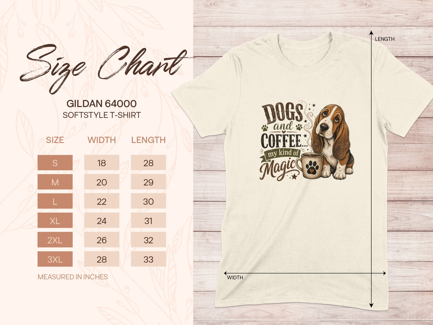 Gildan 64000 size chart for t-shirts with dog and coffee graphic.
