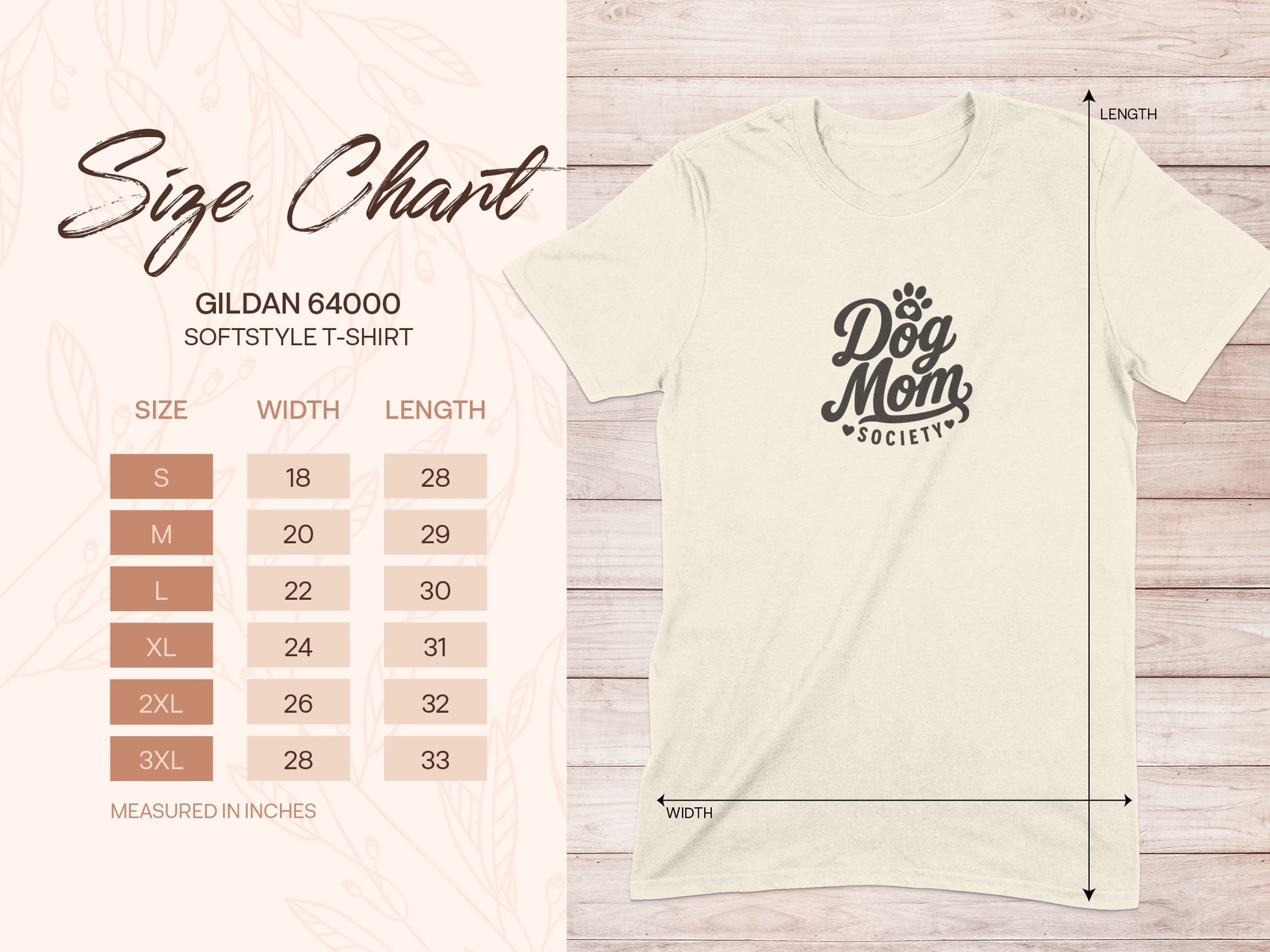 Gildan 64000 Softstyle T-shirt size chart with measurements for width and length.