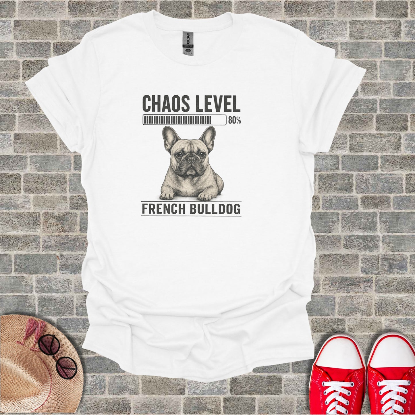 White t-shirt with French Bulldog graphic, "Chaos Level 80%" text.