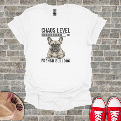 White t-shirt with French Bulldog graphic, "Chaos Level 80%" text.