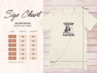 Gildan 64000 softstyle t-shirt size chart with humorous graphic.