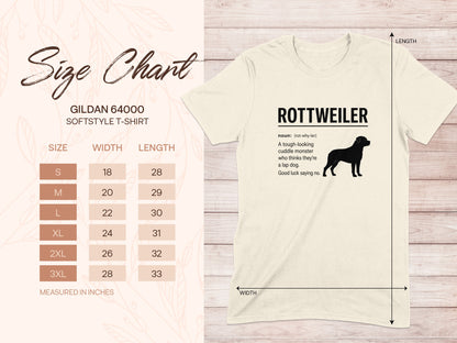 Gildan 64000 softstyle t-shirt size chart with Rottweiler graphic and description.