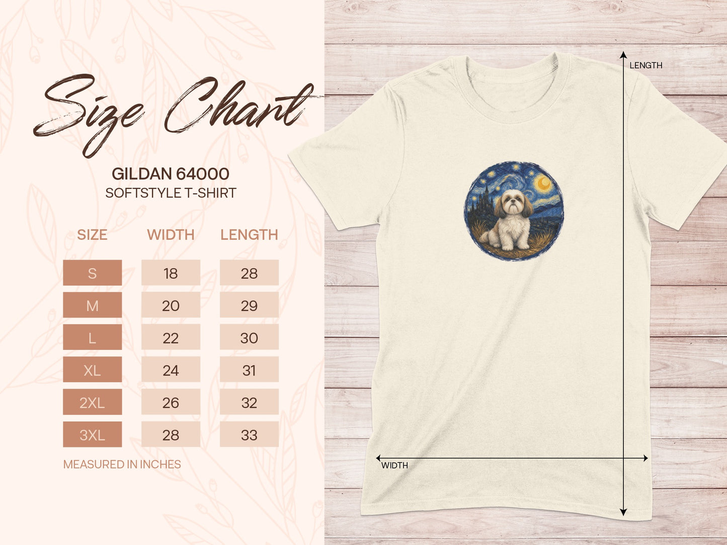 Gildan 64000 t-shirt size chart with Shih Tzu illustration.