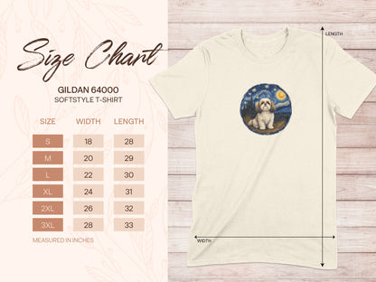 Gildan 64000 t-shirt size chart with Shih Tzu illustration.