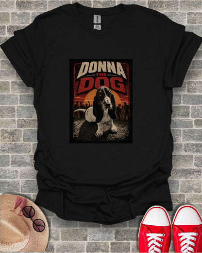 Black t-shirt with "DONNA THE DOG" graphic and Basset Hound.