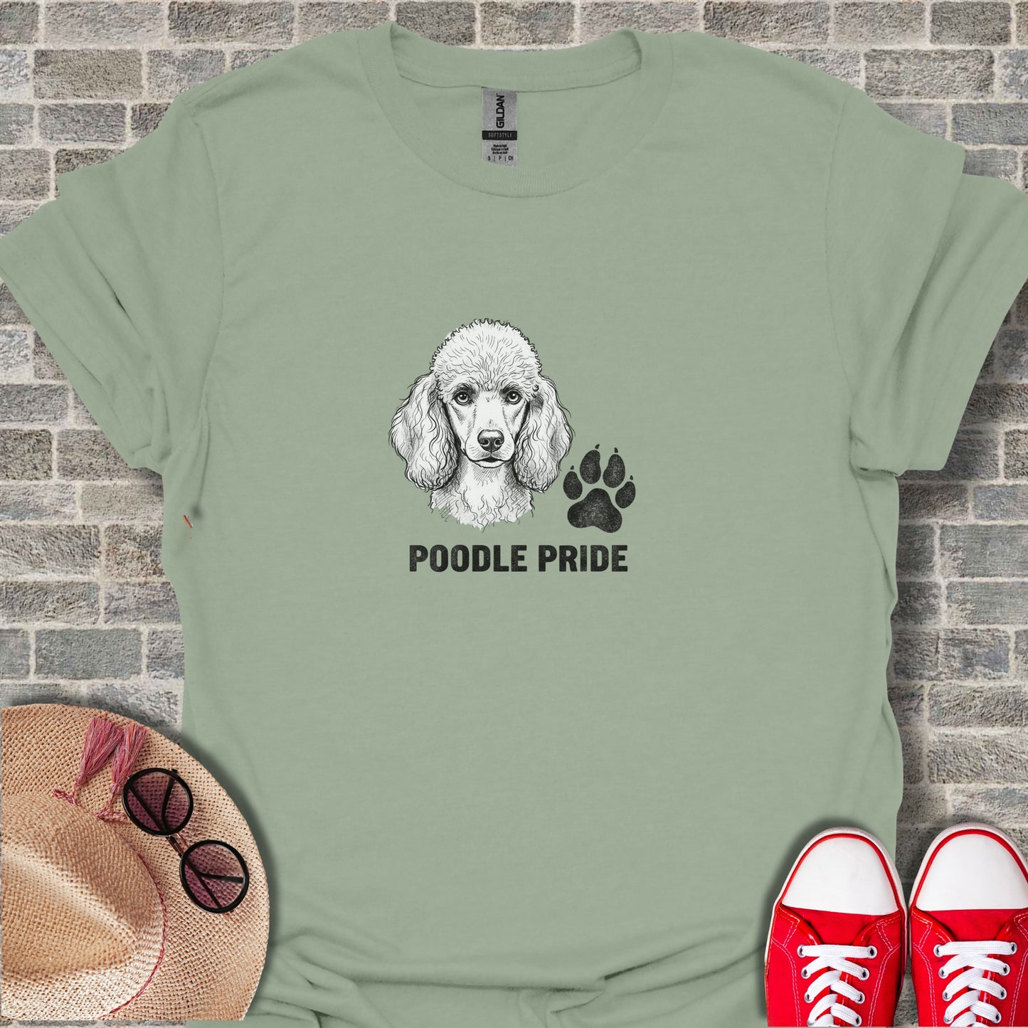 Sage t-shirt with "Poodle Pride" and poodle paw print graphic.