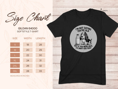 Gildan 64000 t-shirt size chart with width and length measurements.