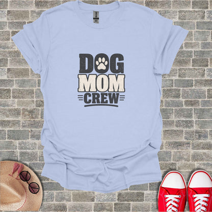 Light blue t-shirt with "DOG MOM CREW" text and paw print.