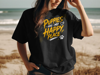 Black t-shirt with "Puppies are my happy place" text and paw print.