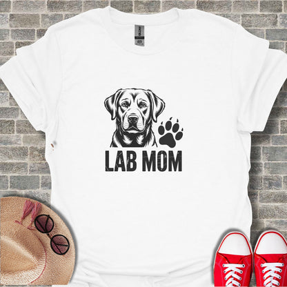 White t-shirt with "LAB MOM" text and dog paw print graphic.
