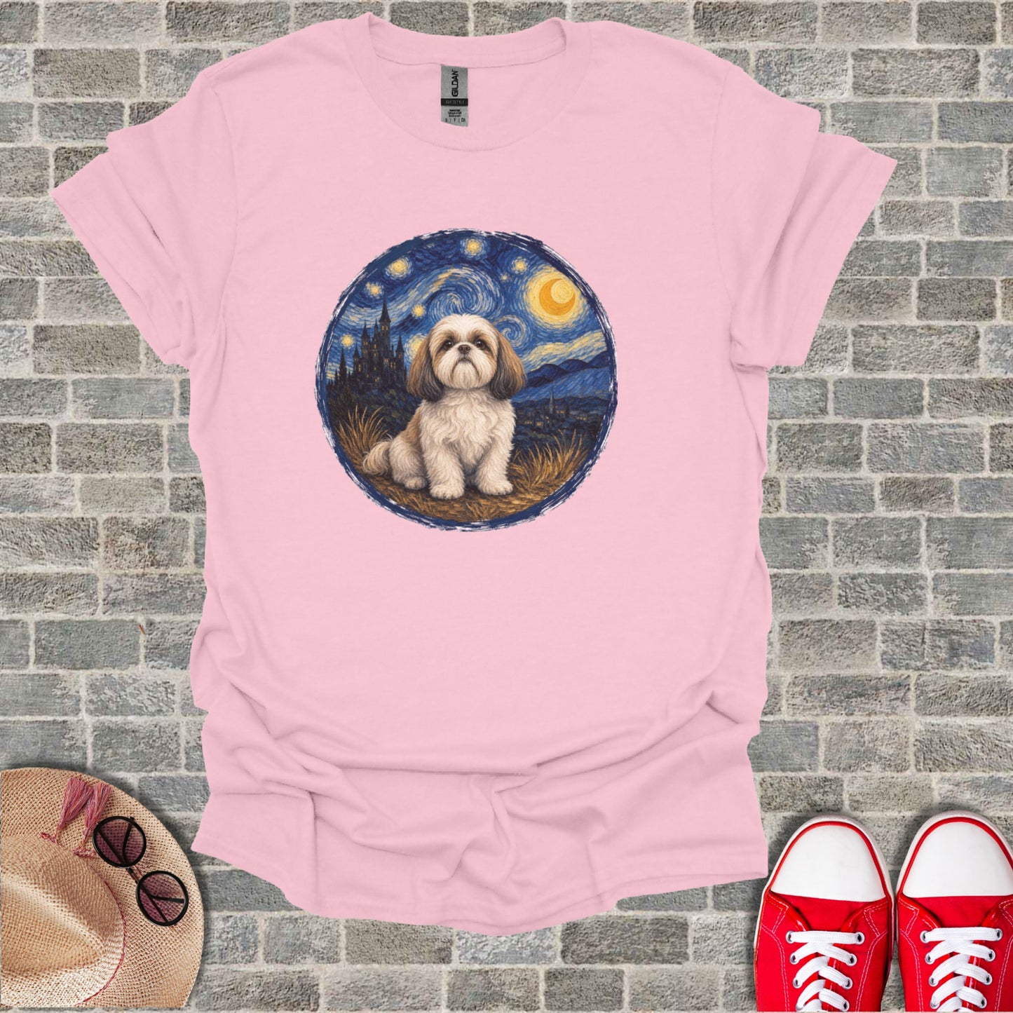 Shih Tzu in Starry Night style art on a pink t-shirt.