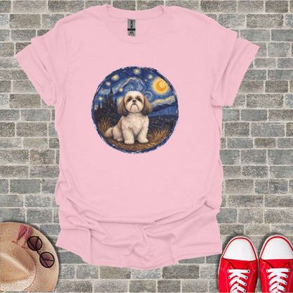 Shih Tzu in Starry Night style art on a pink t-shirt.