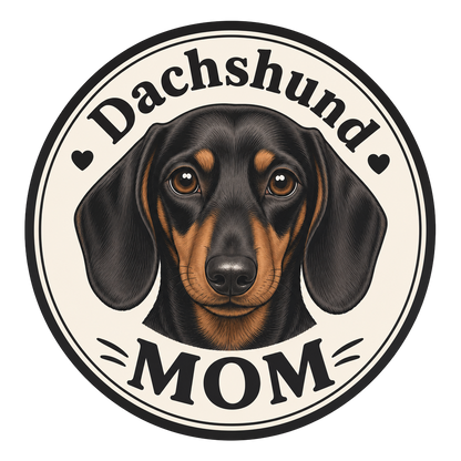 Black and tan dachshund face with "Dachshund MOM" text in a circle.