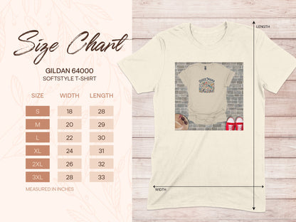 Gildan 64000 Softstyle T-shirt size chart with measurements for width and length.
