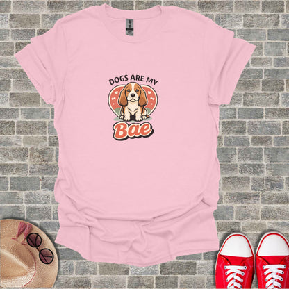Pink t-shirt with "Dogs are my Bae" text and cartoon beagle in a heart.
