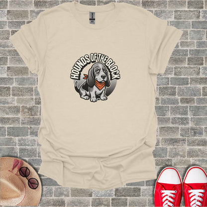 T-shirt with cartoon dog wearing bandana, "Hounds of the Block" text.