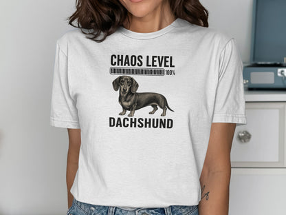 Dachshund t-shirt with "Chaos Level 100%" and progress bar.