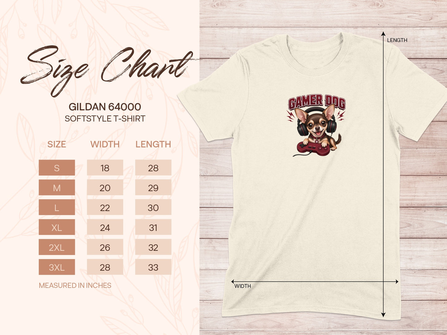Gildan 64000 size chart for Gamer Dog t-shirt, showing dimensions in inches.