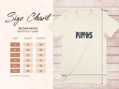 Gildan 64000 Softstyle T-Shirt size chart for "Puppies" design, showing S-3XL measurements.