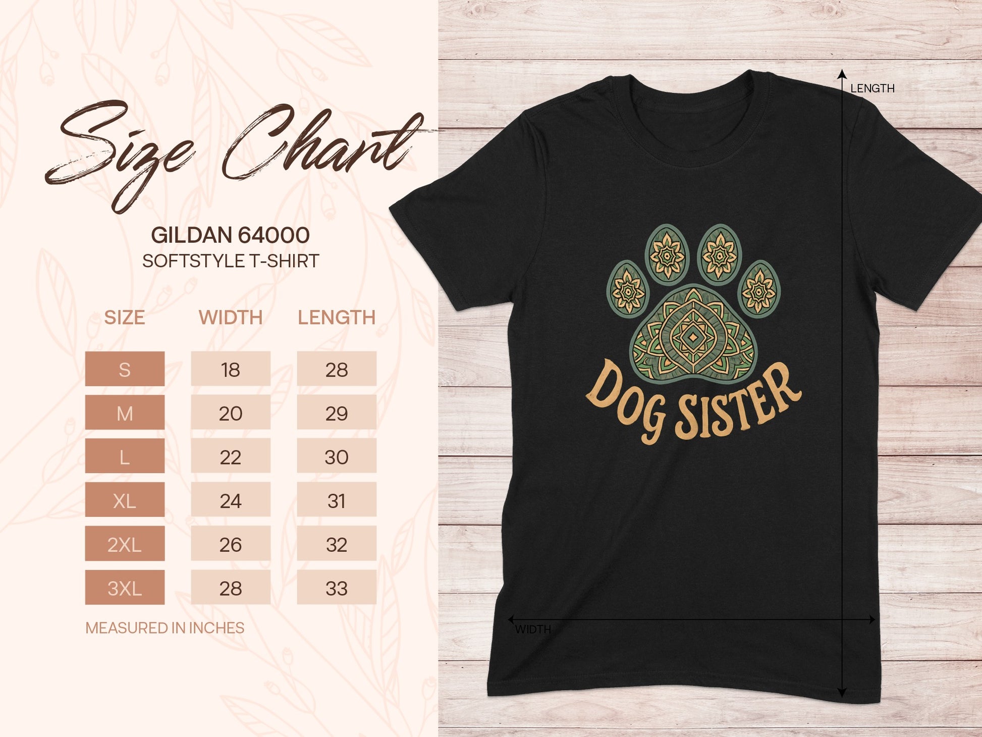 Gildan 64000 size chart for dog sister t-shirt, widths and lengths in inches.