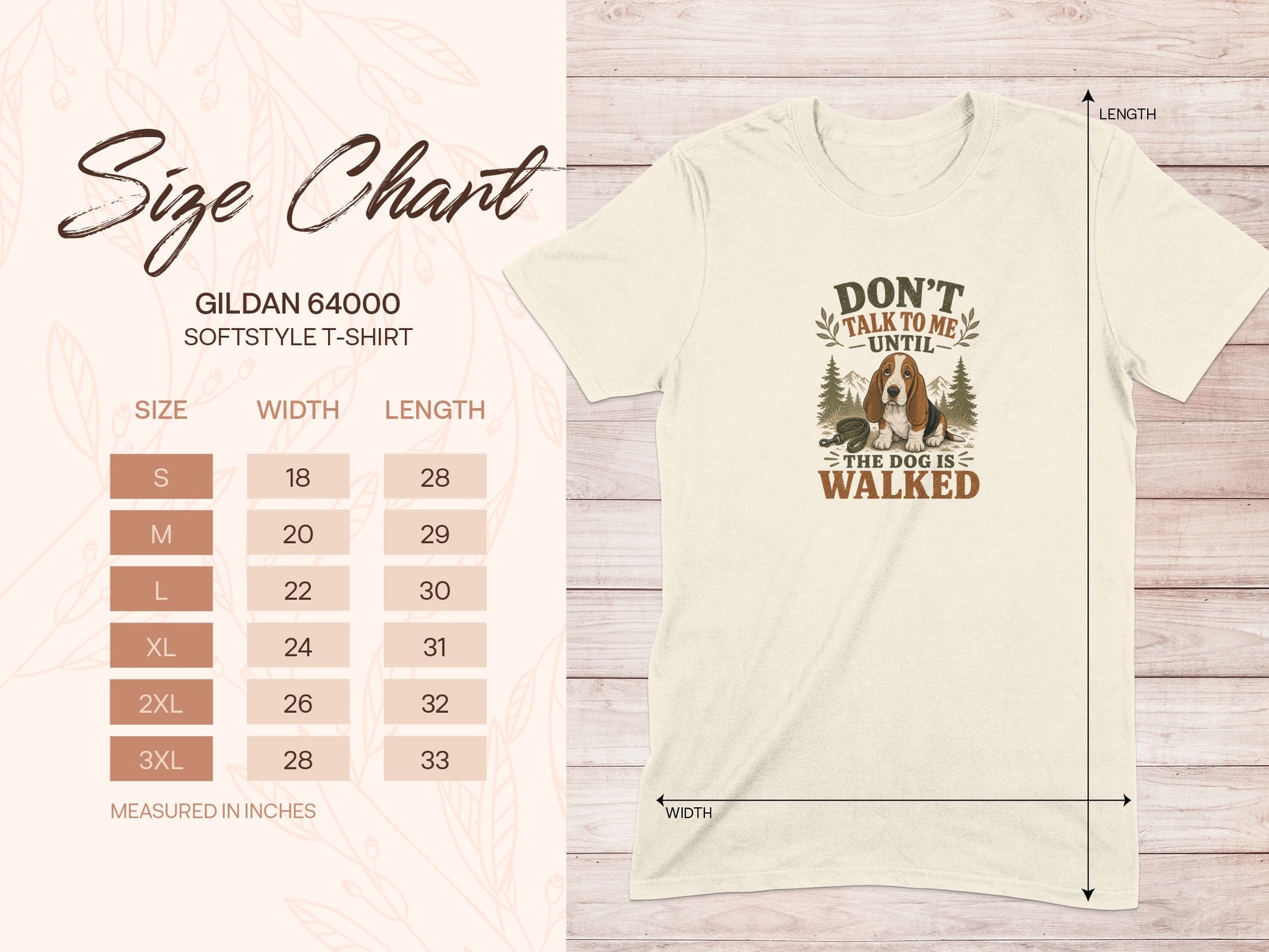 Gildan 64000 T-shirt size chart with dog graphic and text "Don't talk to me until the dog is walked."