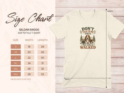 Gildan 64000 T-shirt size chart with dog graphic and text "Don't talk to me until the dog is walked."