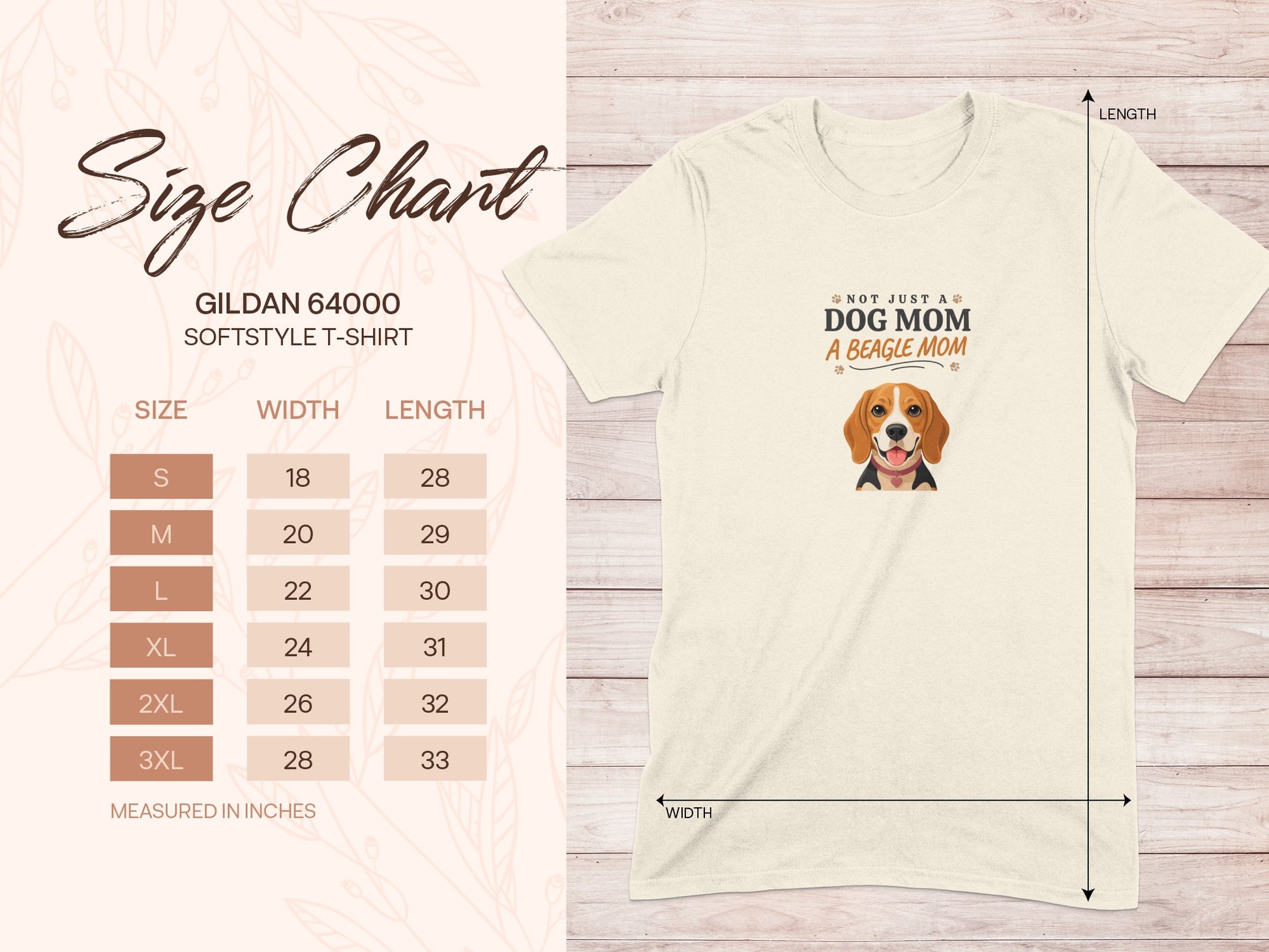 Gildan 64000 Softstyle t-shirt size chart with beagle graphic measured in inches.
