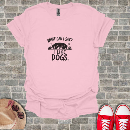 Pink t-shirt with "I Like Dogs" text and dog illustration.