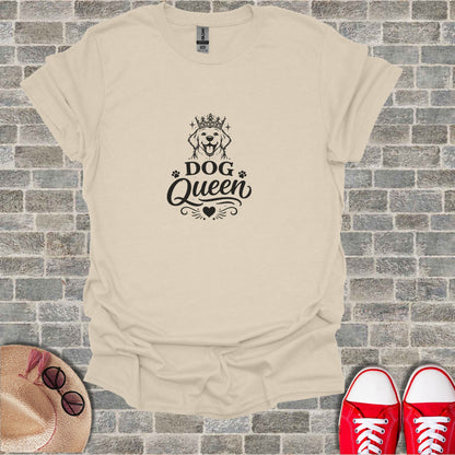 Cream t-shirt with black "Dog Queen" text and crown graphic.