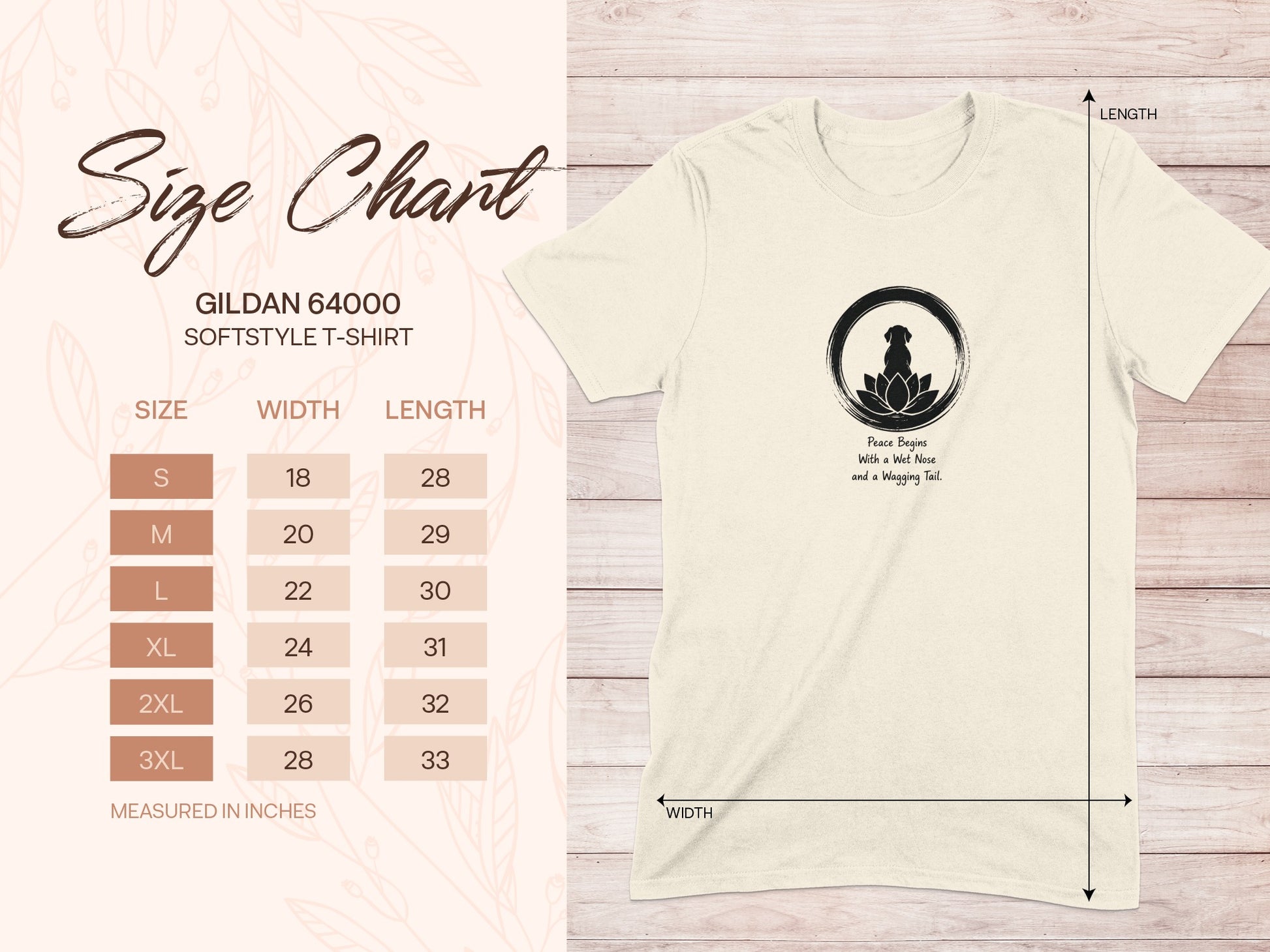 Gildan 64000 softstyle t-shirt size chart with measurements.