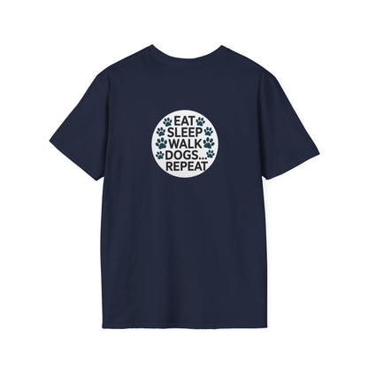 Circular Dog Lover Graphic T-Shirt, Eat Sleep Walk Dogs Repeat Tee, Funny Puppy Paw Print Shirt, Bold Modern Typography Top, Playful Pet