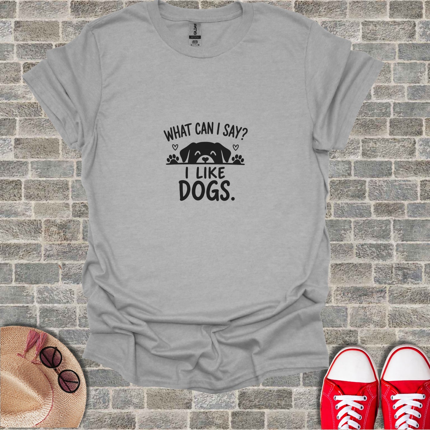 Grey t-shirt with "WHAT CAN I SAY? I LIKE DOGS." text and cartoon dog.