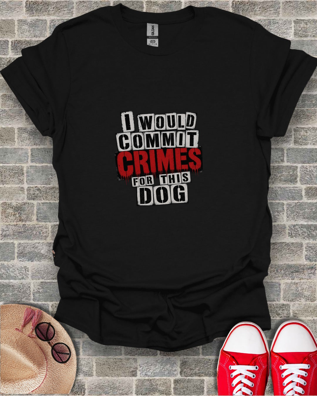 Black t-shirt with "I would commit crimes for this dog" text.