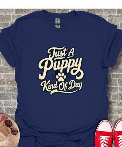 Navy t-shirt with "Just A Puppy Kind Of Day" text and paw print.