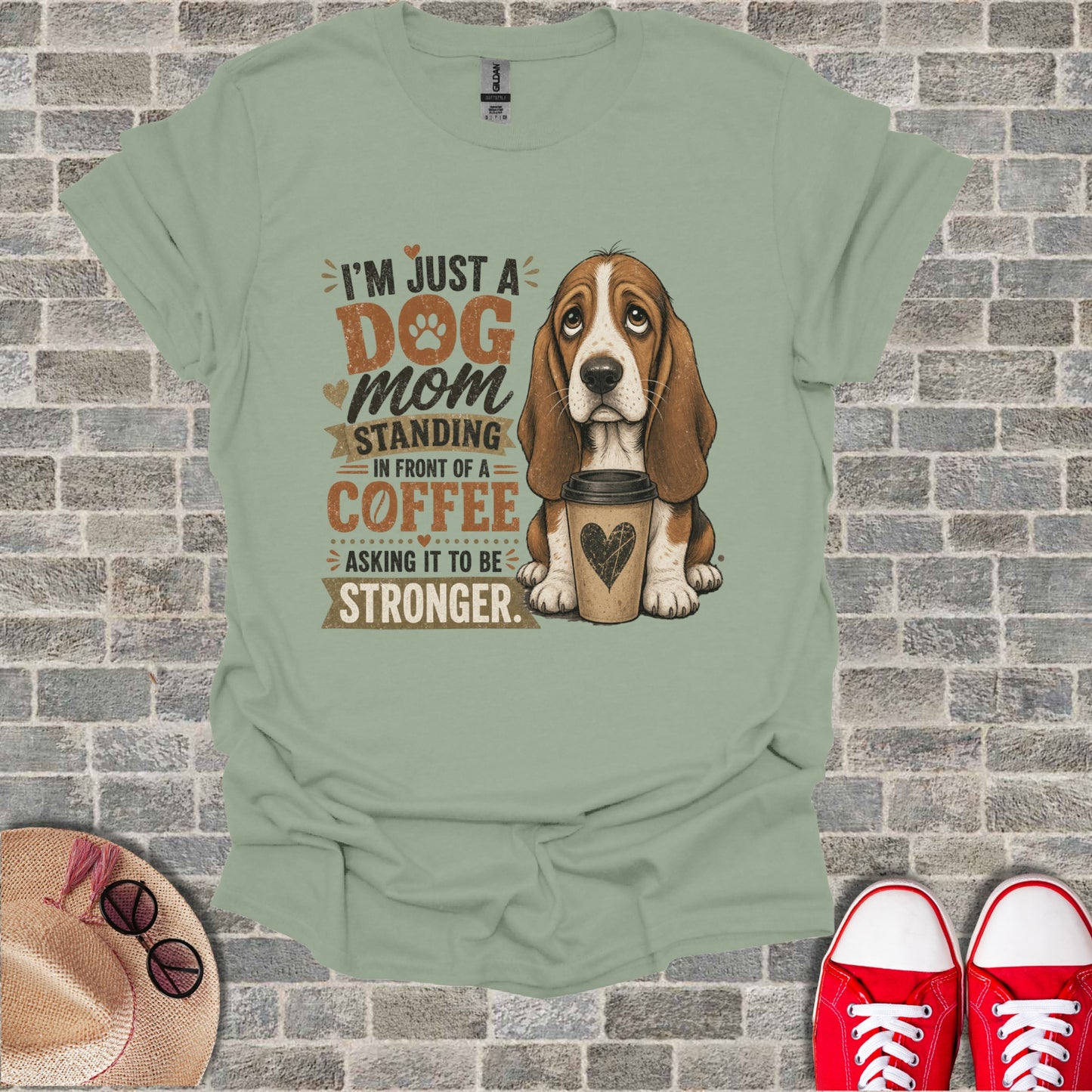 Dog mom with coffee shirt, asking coffee to be stronger.