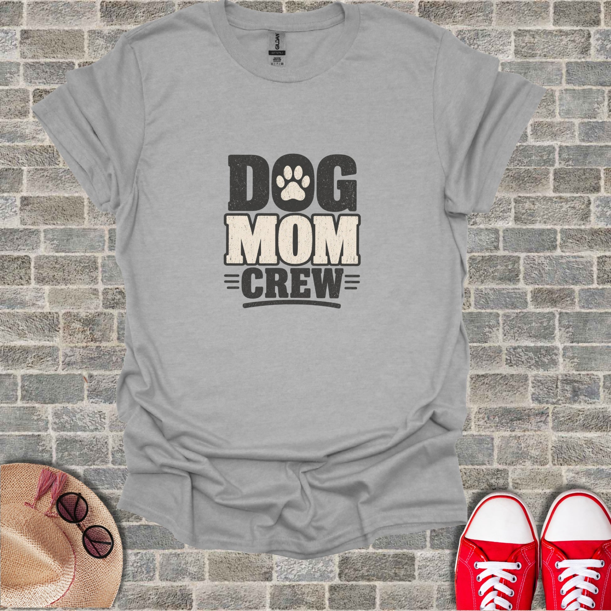 Grey t-shirt with "DOG MOM CREW" text and paw print graphic.