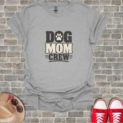 Grey t-shirt with "DOG MOM CREW" text and paw print graphic.