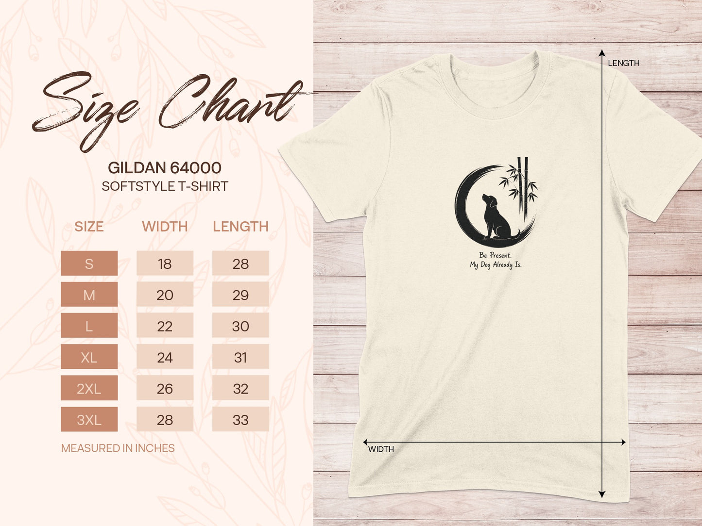 Gildan 64000 softstyle t-shirt size chart with dog graphic.