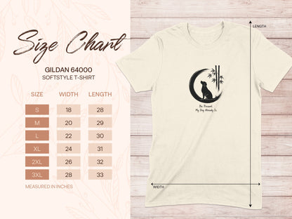 Gildan 64000 softstyle t-shirt size chart with dog graphic.