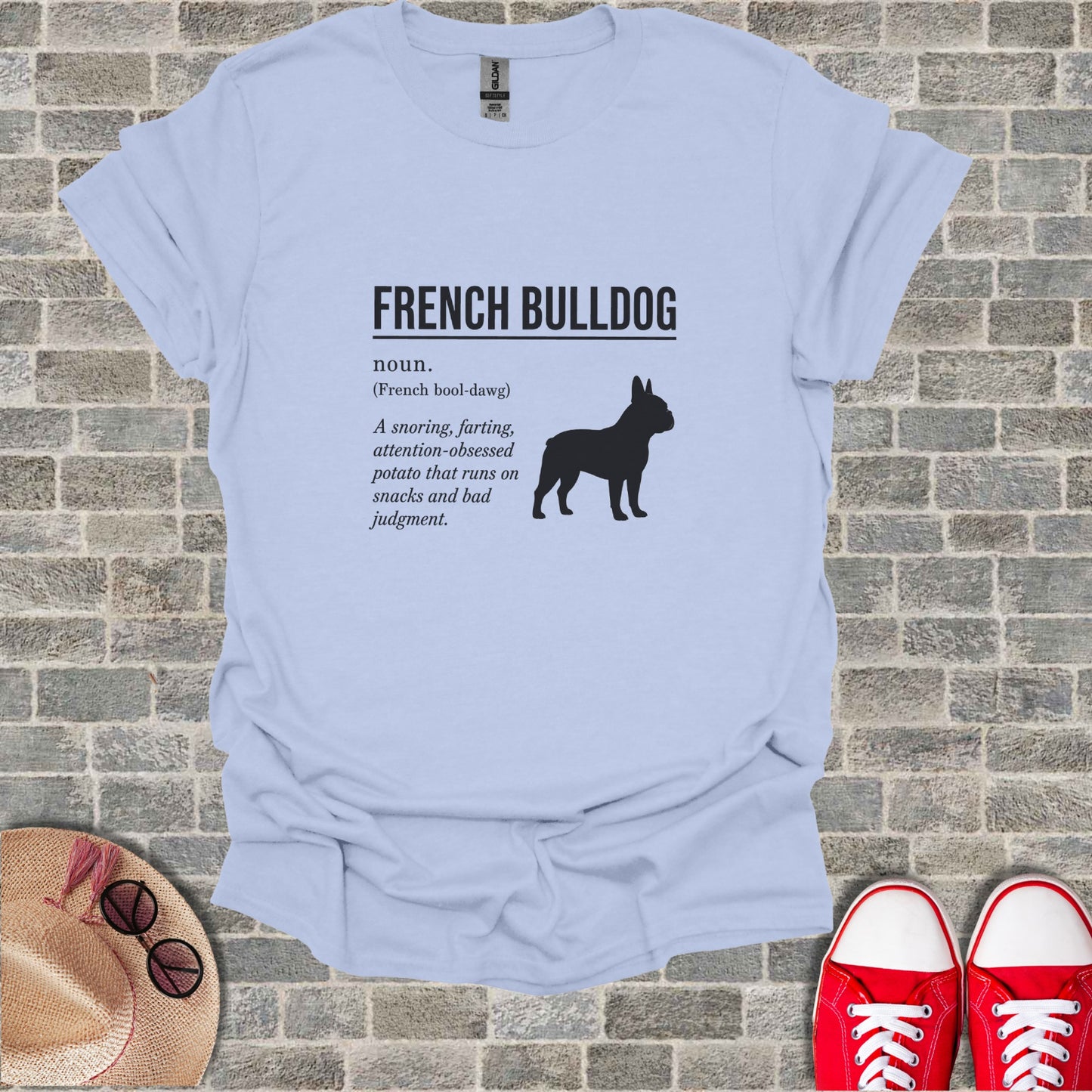 Light blue t-shirt with "French Bulldog" definition and silhouette.